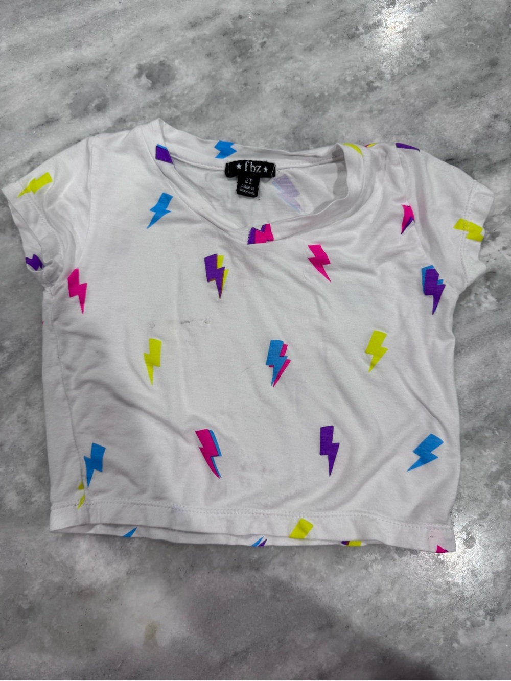 Flowers by Zoe White Crop Tee with Multicolor Lightning Bolts